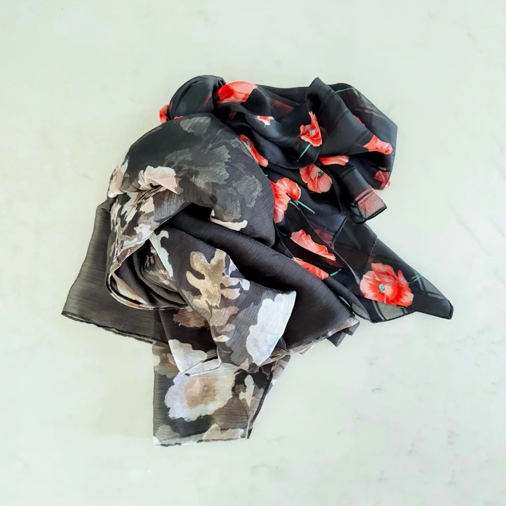 Vintage BUNDLE (2) Floating Floral Poppies & Roses Printed Scarf Wraps,